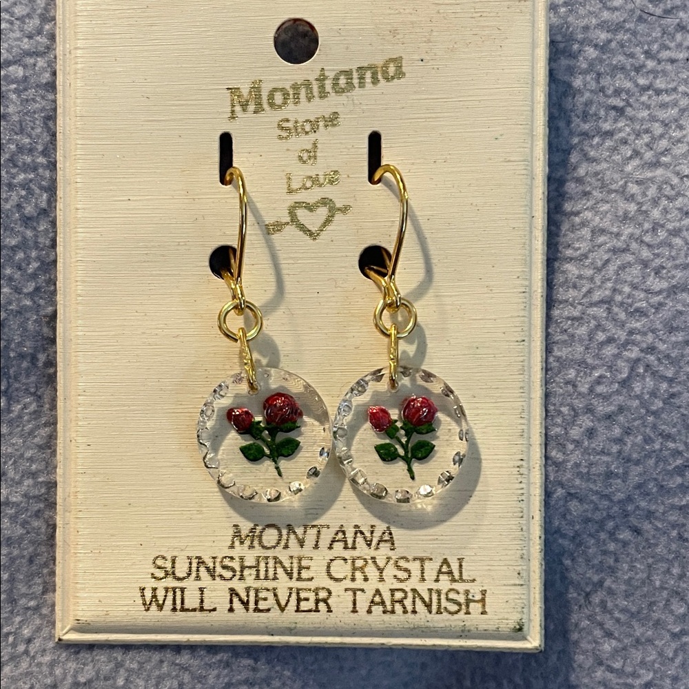 Montana Sunshine Crystal Dangle Earrings Red Rose Design